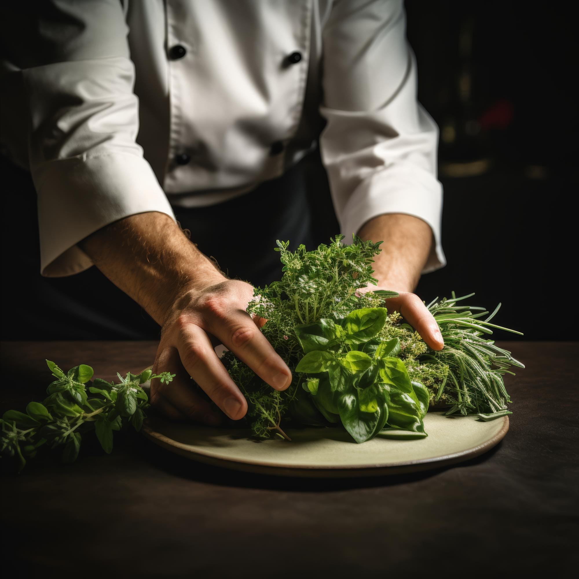 portrait of sous-chef arranging herbs